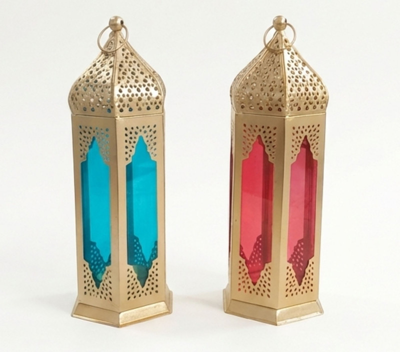 AYERA DESIGN Blue Glass Gold Lantern (Hanging & Table Decor) ) Gold, Blue Iron, Glass Hanging Lantern(24 cm X 8 cm, Pack of 1)