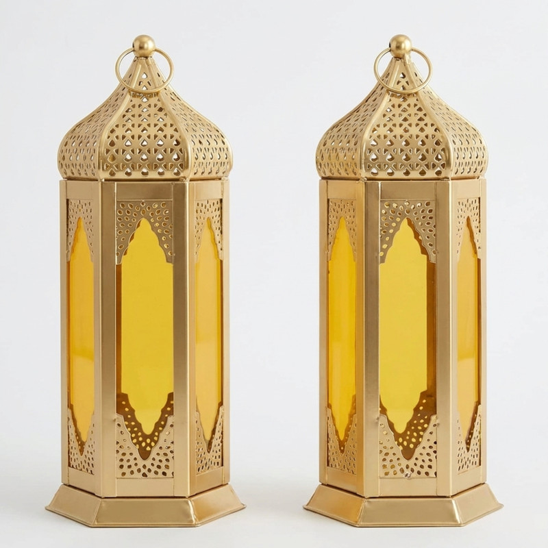 AYERA DESIGN Moroccan Style Yellow and Red Glass Lantern Set of 2 Yellow, Red Iron Hanging Lantern(17 cm X 9 cm, Pack of 2)