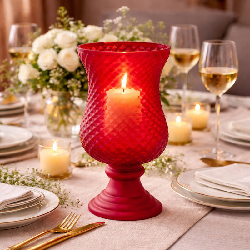 Pure Source India Red Glass Hurricane Candle Holder Vase – Vintage Textured Hobnail Design Red Glass Table Lantern(30 cm X 12 cm, Pack of 1)