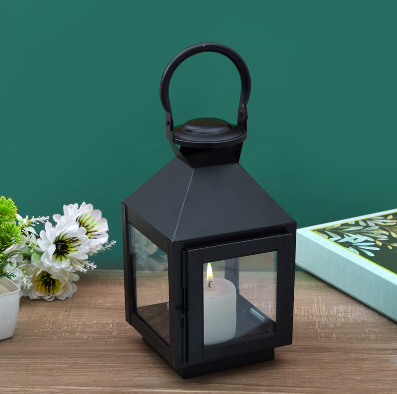 HOUZZPLUS Classic Style Hanging Lantern with One piller Candle , T-light Stand Small Black Iron Table Lantern(20 cm X 9 cm, Pack of 1)