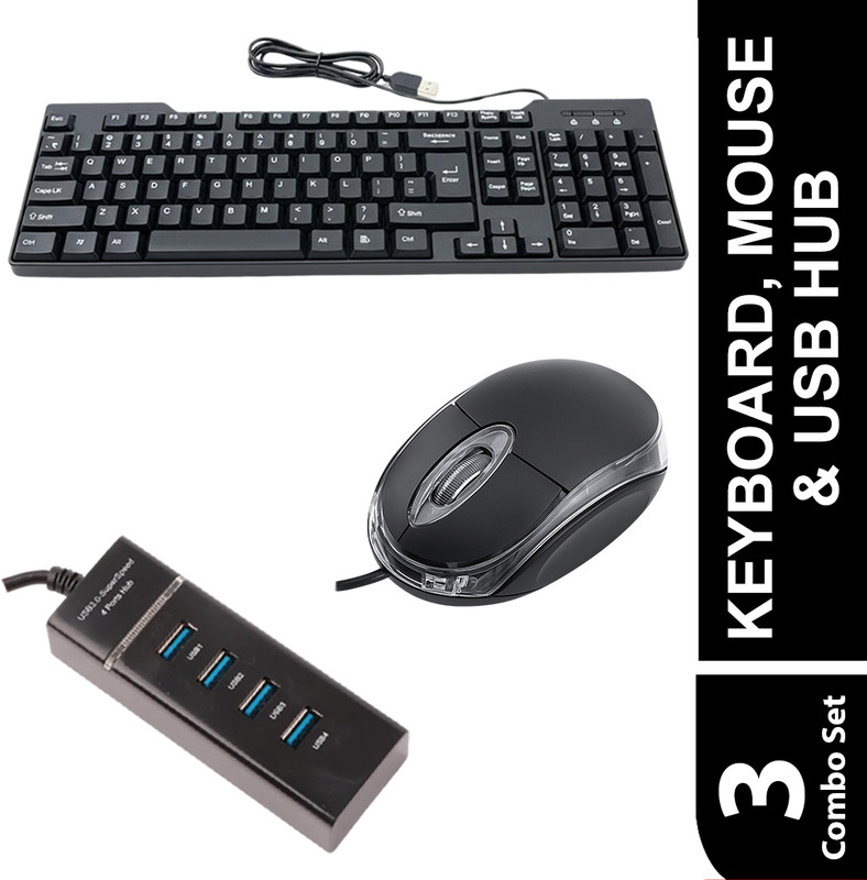 SKOG Keyboard, Mouse & 4 Port USB Hub for PC, Laptop Combo Set(Black)