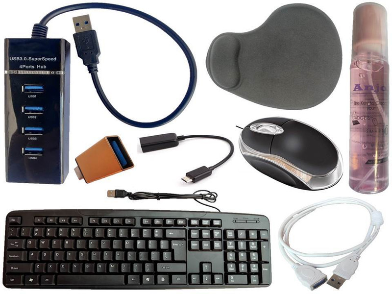 ANJO Keyboard-Wireless Mouse-Wrist Pad-Hub 2.0-3in1 Cleaner-2in1 OTG-Ext Cable-LED Combo Set(Black)