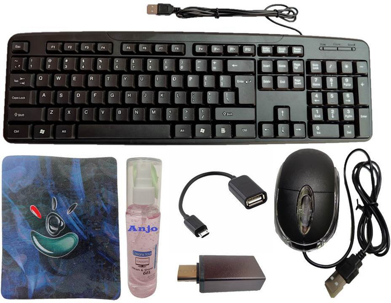 ANJO Wired Keyboard-LED Mouse-Pad-Cleaning Gel-OTG Type C & Micro 6 in 1 Combo Set(Black)
