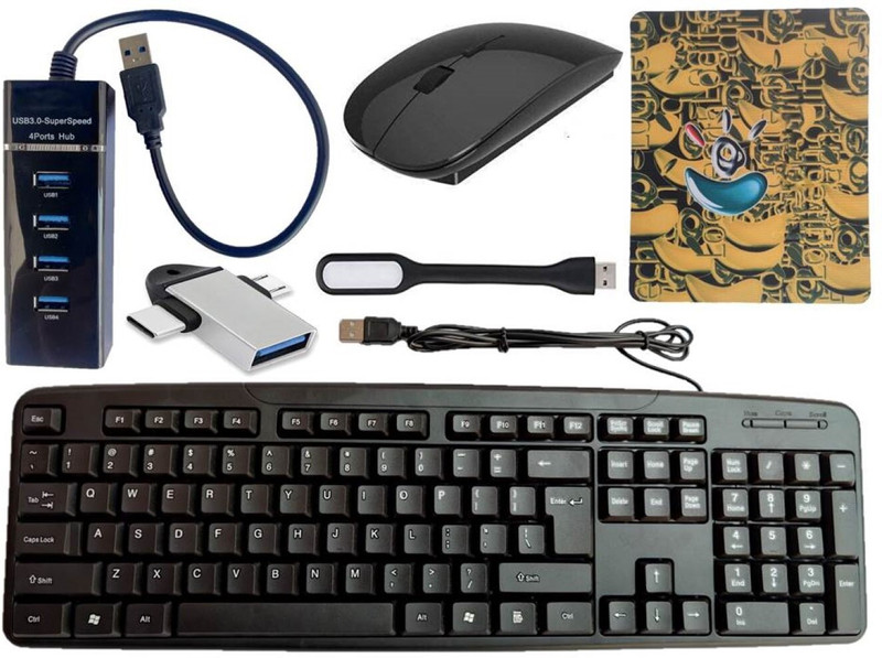 ANJO Combo of Keyboard-Mouse-USB Hub-Pad-Cleaning Gel-OTG Type C & Micro-USB Light Combo Set(Black)