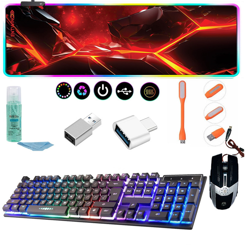 ENTWINO Gaming Keyboard Mouse Combo, 80 cms RGB Light Mousepad , OTG, USB Light, Cleaner Combo Set(Black)