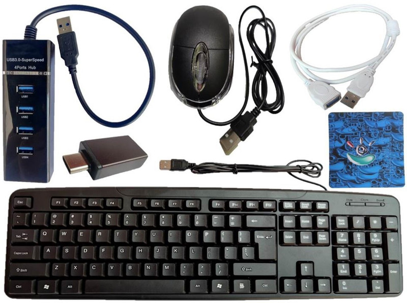 ANJO Wired Keyboard & LED Mouse-Pad-Hub 2.0-GelCleaner 3in1-LED-Ext. 1.5m M2F-OTG C&M Combo Set(Black)