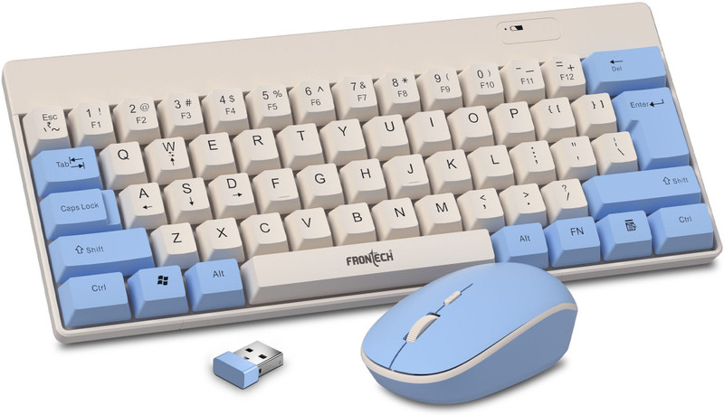 Frontech Wireless Keyboard and Mouse Combo | 2.4GHz | 61-Key Compact Layout | 1600 DPI | Combo Set(White+Light Blue)