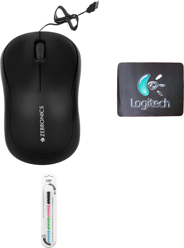 ZEBRONICS Wired Comfort Mouse, MousePad,Cable Protector .(Set of 3). Combo Set(Multicolor)
