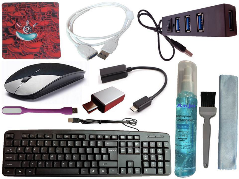 ANJO Keyboard-Wireless Mouse-Wrist Pad-Hub 2.0-3in1 Cleaner-2in1 OTG-Ext Cable-LED Combo Set(Black)
