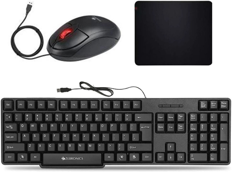 ZEBRONICS K20 Wired Keyboard, Rise Wired Optical Mouse and Mouse PAD Combo Set Designed for Gaming(Black)