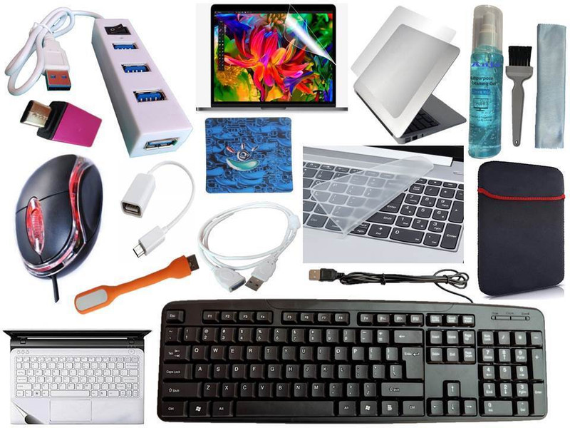 ANJO Keyboard-WirelesMouse-Pad-Hub-Clnr-2n1OTG-Ext-LED-Skin-15.6iScrn&KeyGuard&Sleeve Combo Set(Black)