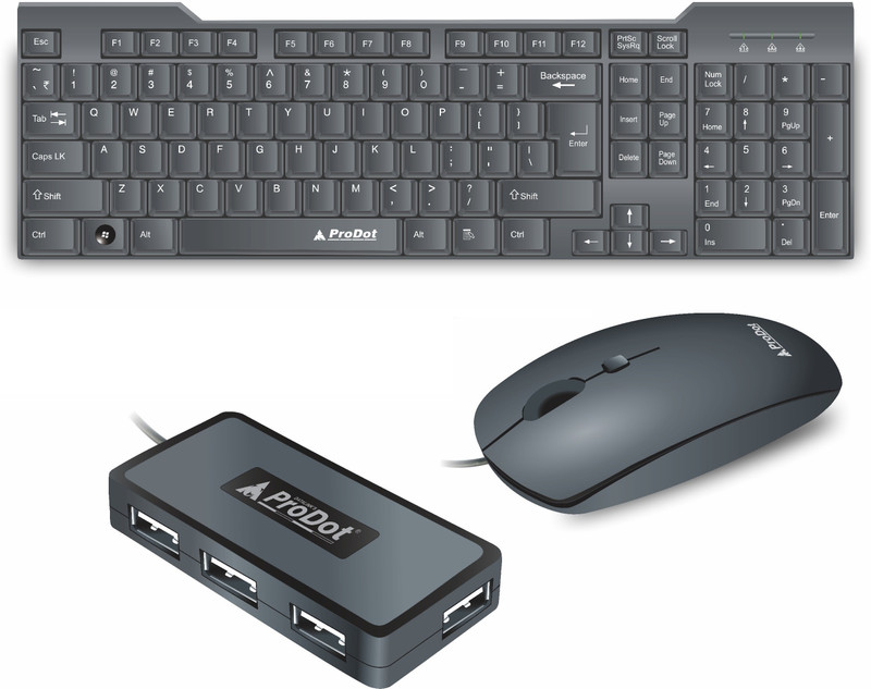 PRODOT Set of 3 High-Performance Floated Key Keyboard And Mouse Combo With USB Hub Combo Set(Black)