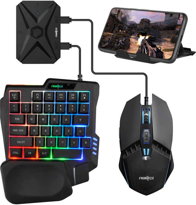 Frontech 4-in-1 Gaming Combo | RGB Keyboard+Mouse+BT Converter+Foldable Mobile Holder Combo Set(Black)