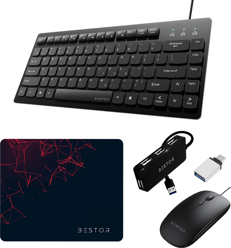 Bestor Set of 4 Combo of Wired Mini Keyboard,WiredMouse And Mouse Pad,OTG Connector Combo Set(Black)