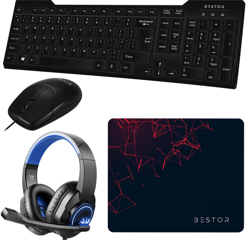 Bestor USB Wired Keyboard,Wired Mouse,Mouse Pad & Headset with Mic 3.5mm Jack - 4 Combo Set(Black)