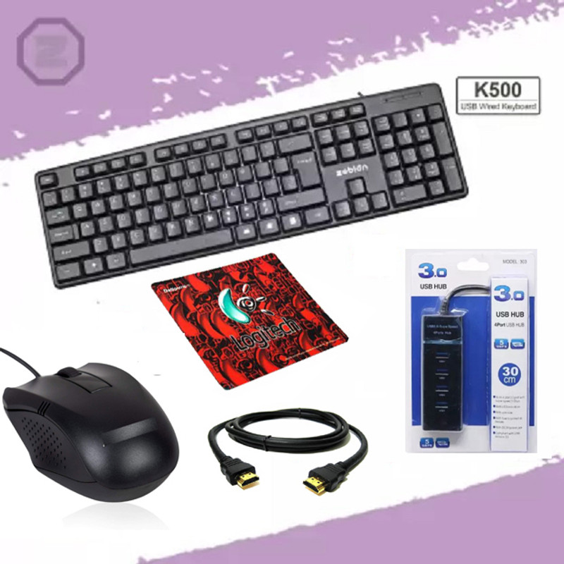 zebion 5 IN 1 COMBO PACK WITH KEYBOARD ,MOUSE,MOUSEPAD,USB HUB & HDMI CABLE Combo Set(Black)