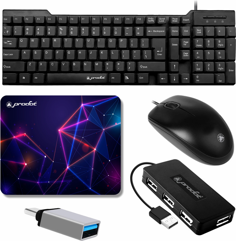 PRODOT High Performance Set of 5 Wired Combo 247 Floated Key Keyboard & 185 Mouse Combo Set(Black, Multicolor)