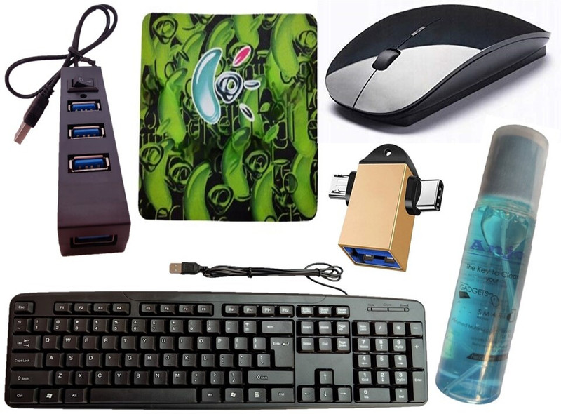 ANJO Wired Keyboard & Mouse-Mouse Pad-Hub2.0-3N1Cleaning Kit-OTG2N1 C & Micro Combo Set(Black)