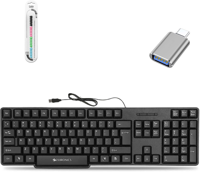 TagVin Wired K20 Keyboard, C-OTG and Cable Protector (Set of 3). Combo Set(Black)