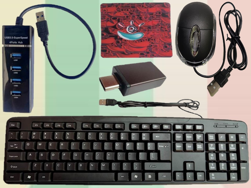 Adefex 5 in 1 Combo Wired Keyboard | Wired Mouse | 4 Port USB Hub | OTG C | Mouse Pad Combo Set(Black)