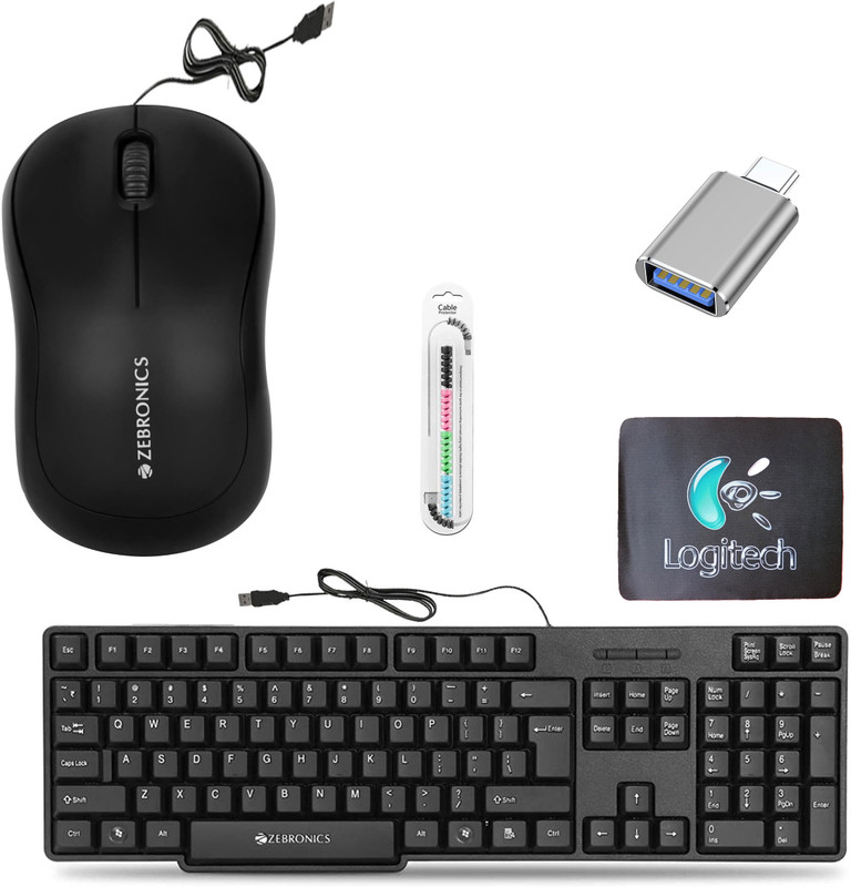 ZEBRONICS Wired Keyboard, Mouse, MousePad, C-OTG, Cable Protector (Set of 5) Combo Set(Black)