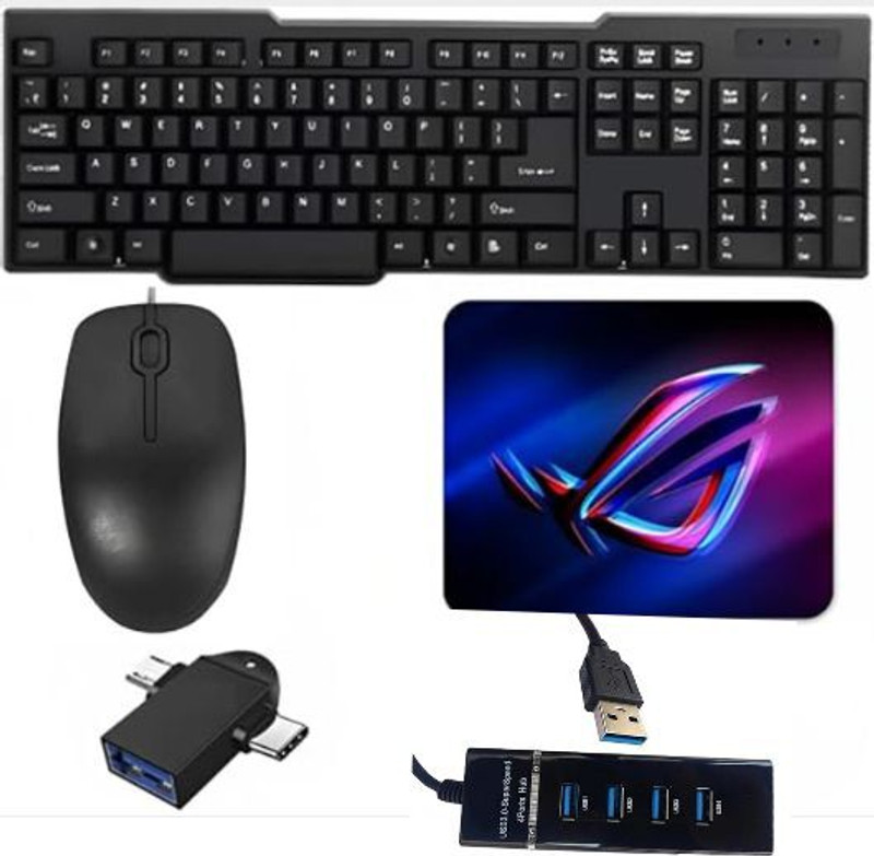Adefex Desktop Combo Set of Keyboard and Mouse with USB -Hub, Mouse Pad and OTG - Black Combo Set(Black)