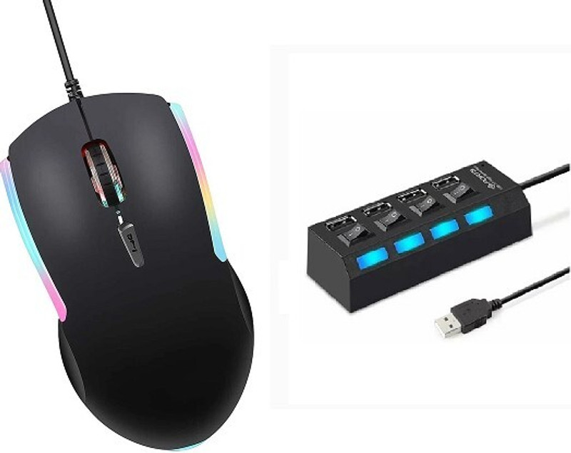 ENTWINO GAMER-Gaming Mouse Wired with 4 Port USB Hub With Light Button Combo Set(Black)