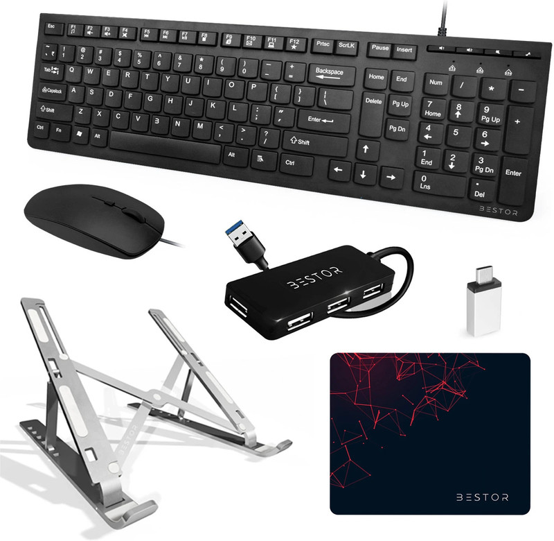 Bestor Set of 5 Combo,USB Wired Keyboard,Wire Mouse,Mouse Pad,typeC converter,4port HUB Combo Set(Black)