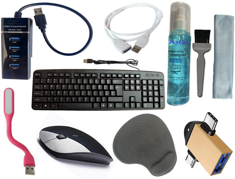 ANJO Wired Keyboard & LED Mouse-Pad-Hub 2.0-GelCleaner 3in1-LED-Ext. 1.5m M2F-OTG C&M Combo Set(Black)