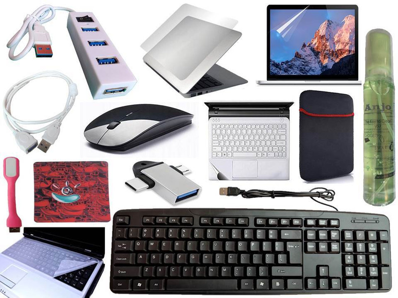 ANJO Keyboard-WirelesMouse-Pad-Hub-Clnr-2n1OTG-Ext-LED-Skin-15.6iScrn&KeyGuard&Sleeve Combo Set(Black)