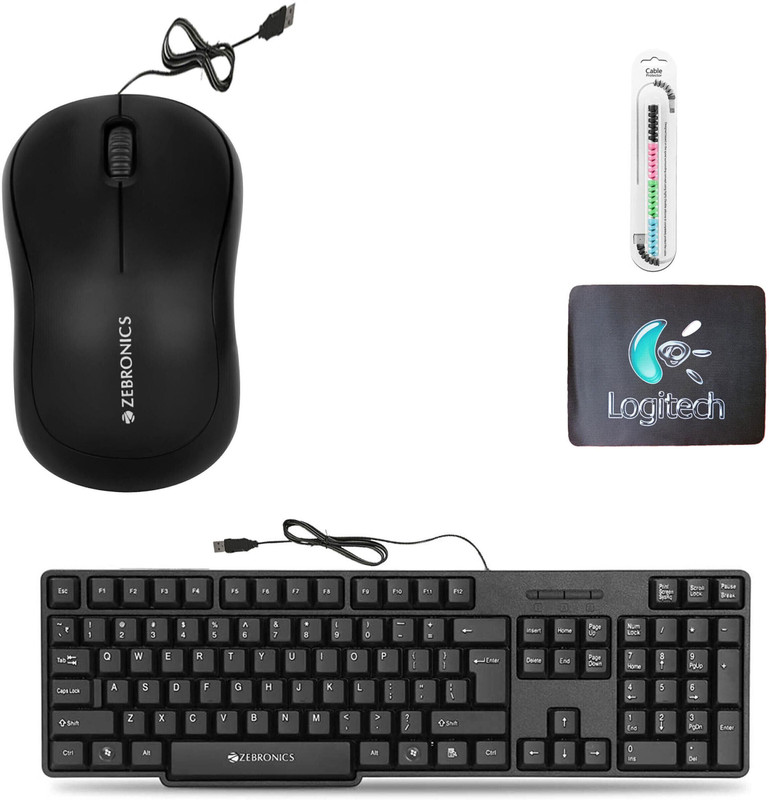 Mophonics Wired K20 Keyboard, Mouse, MousePad & Cable Protector (Set of 4) Combo Set(White, Black, Multicolor)