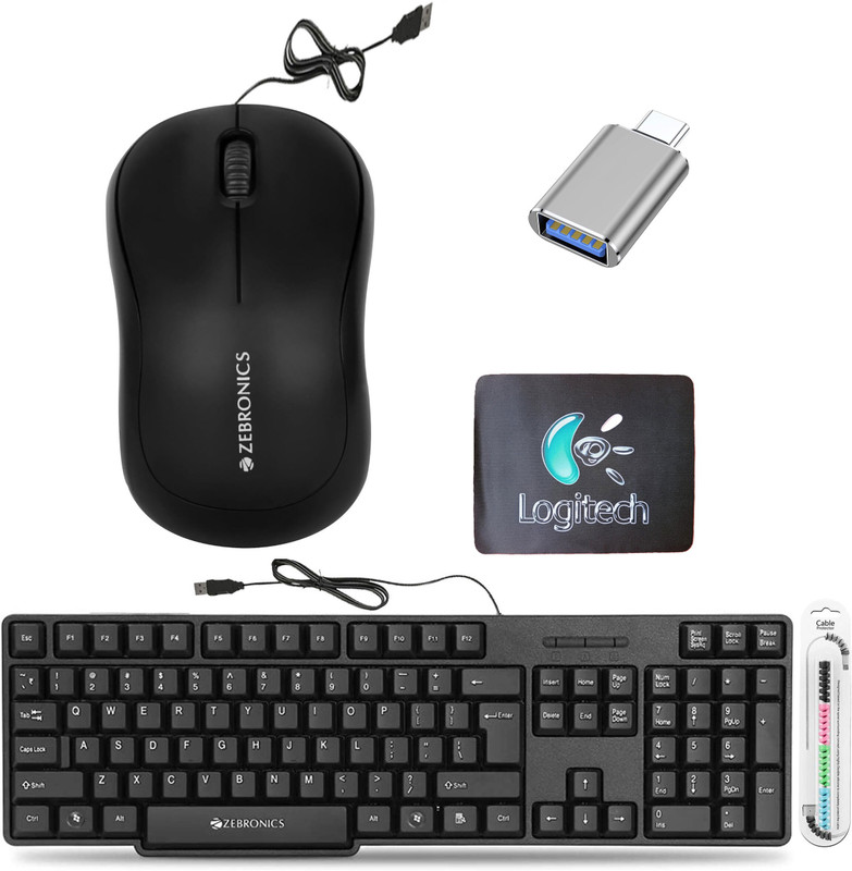 ZEBRONICS Wired Keyboard, Mouse, Mouse Pad, C-OTG, Cable Protector (Pack Of 5) Combo Set(Black)
