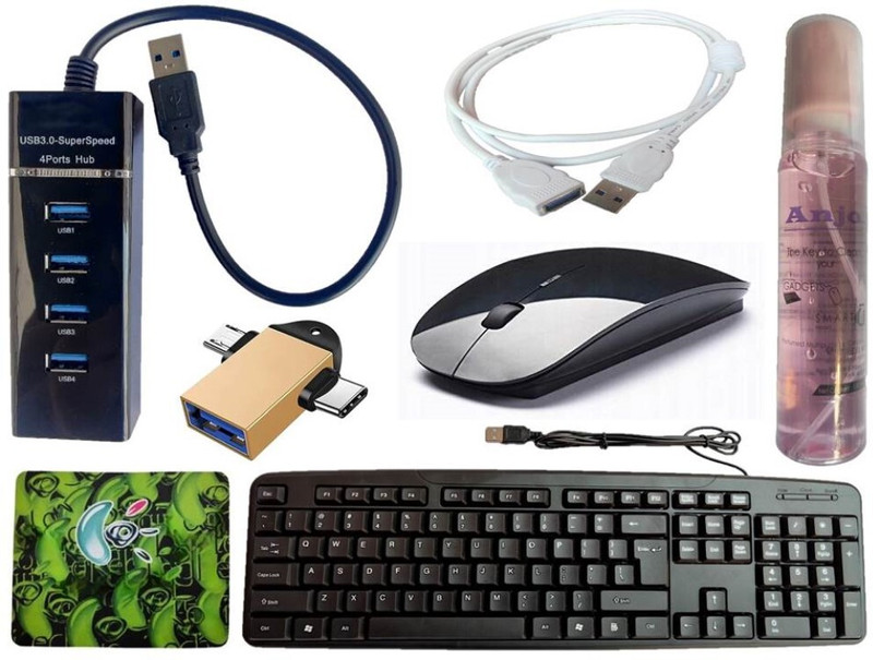 ANJO 9in1 Combo Wired Keyboard-Wireless Mouse-Pad-USB Hub-Cleaner-LED-Ext. Cable-OTG Combo Set(Black)