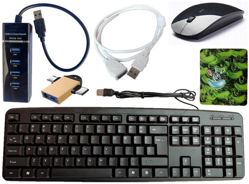 ANJO Wired Keyboard-LED Mouse-Pad-USB Hub 2.0-2in1 OTG Type C&Micro-Ext Cable 1.5m Combo Set(Multicolor)