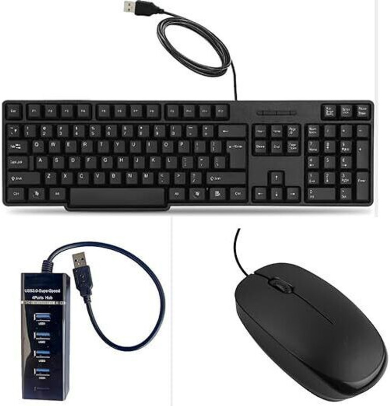 Adefex Full Set-Up Wied Keyboard | Wired Mouse | 4 Port USB Hub Combo Set(Black)