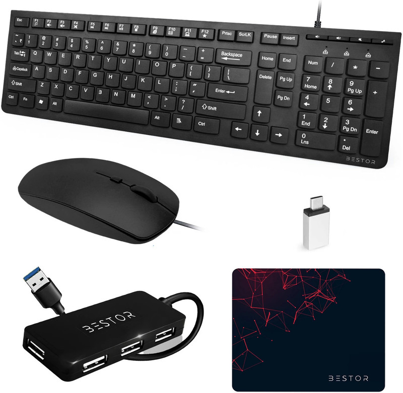 Bestor Set of 5 Combo,USB Wired Keyboard,Wire Mouse,Mouse Pad,typeC converter,4port HUB Wired USB Laptop-size Desktop Keyboard Compatible with Desktop, Laptop, Mac Easy to Use,Plug and Play,Quick, Comfy Durable body(Black)