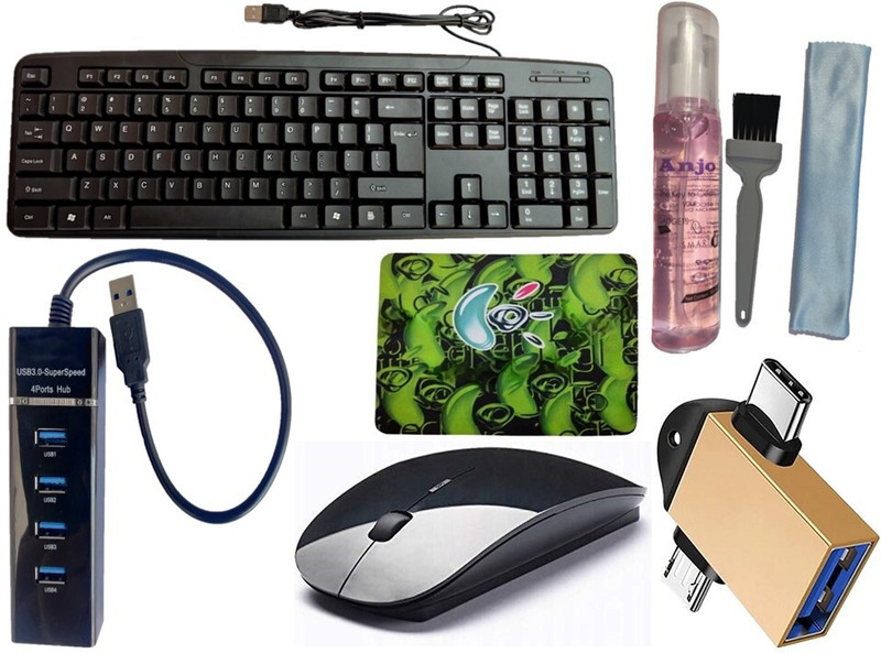 ANJO Wired Keyboard-Wireless Mouse-Pad-USB Hub 3.0-Cleaner-OTG 2N1C & Micro Type Combo Set(Black)