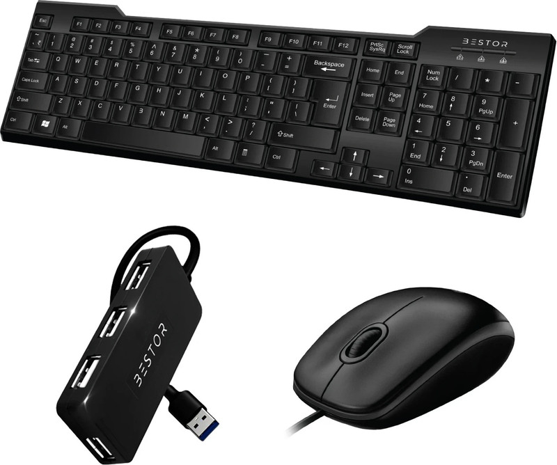 Bestor Set of 3 Combo,USB Wired Keyboard, Wire Mouse, 4 port USB,Plug & Play for laptop Combo Set(Black)