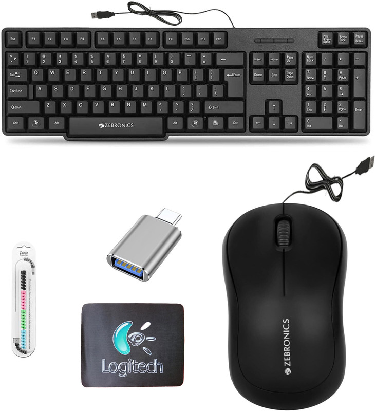 Mophonics Wired K20 Keyboard-Mouse, MousePad, C-OTG, , Cable Protector ( Set-5) Combo Set(Multicolor)