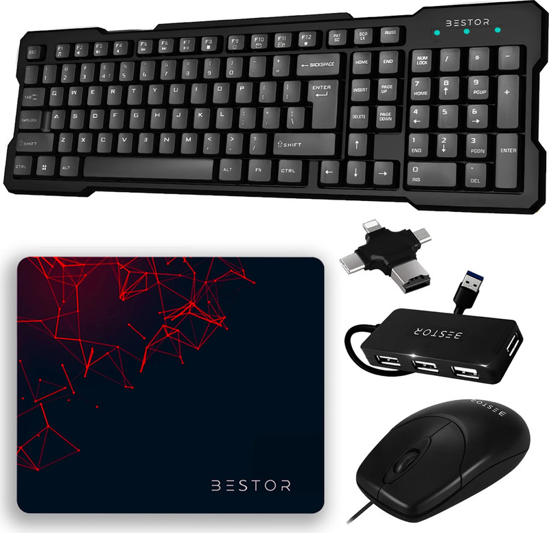 Bestor Set of 5 Combo,USB Wired Keyboard,Wire Mouse,Mouse Pad, Card Reader,4port HUB Combo Set(Black)