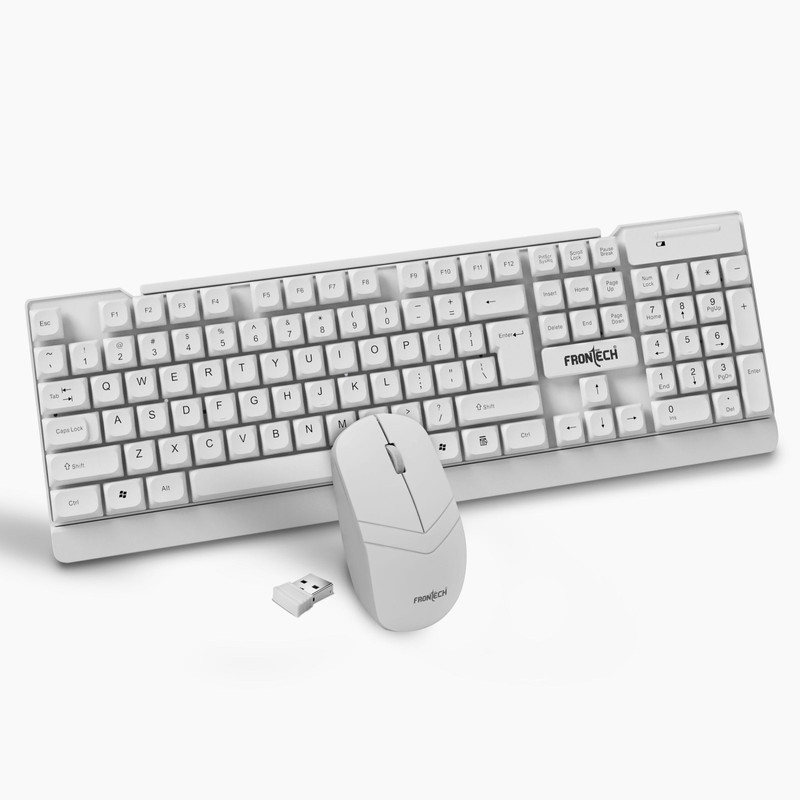 Frontech Wireless Keyboard & Mouse Combo, 2.4GHz, 104 Keys, Silent Typing, 1600 DPI Combo Set(White)