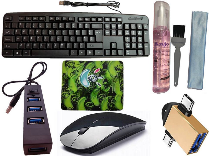 ANJO Wired Keyboard & Mouse-Mouse Pad-Hub2.0-3N1Cleaning Kit-OTG2N1 C & Micro Combo Set(Black)