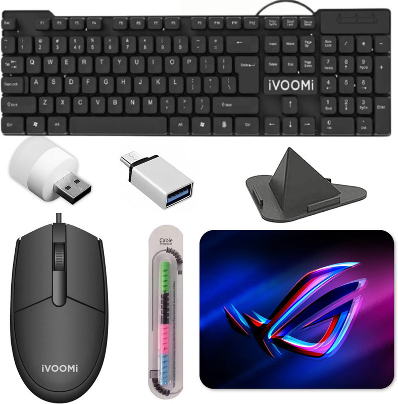 Henture 7 Keyboard Mouse with Usb Light, OTG, Mobile Stand and Cable protector Combo Set(Black)