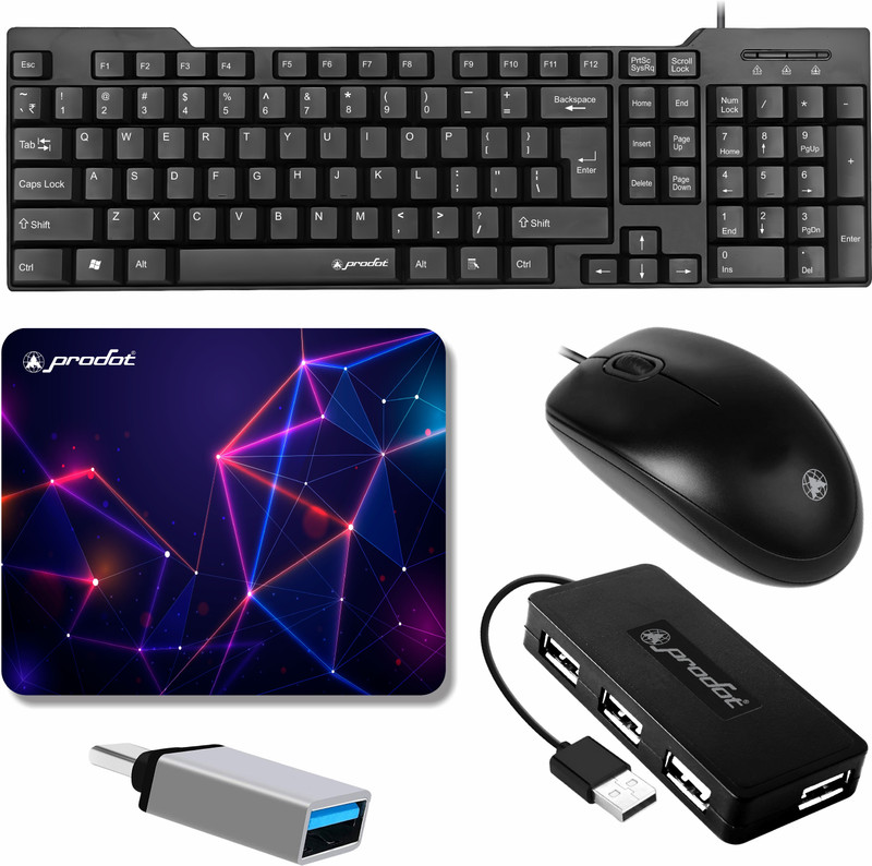 PRODOT High Performance Set of 5 Wired Combo 247 Floated Key Keyboard & 185 Mouse Combo Set(Black, Multicolor)
