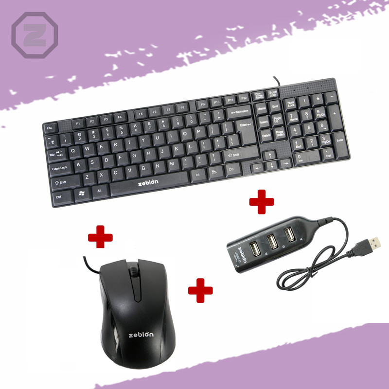 zebion K200 keyboard + Rocky Mouse + Pronto 31 USB HUB Combo Set(Black)