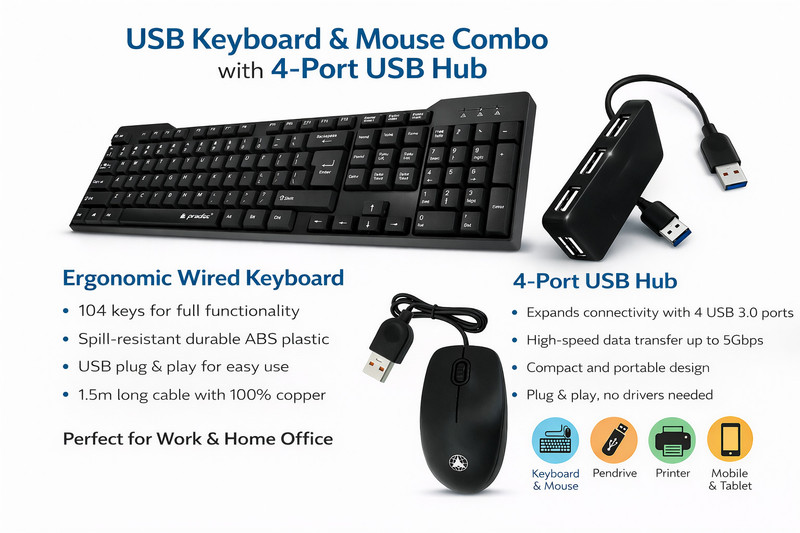 PRODOT FEEL KEYBOARD ,COMFY MOUSE,PLAY PLUS HUB Combo Set(Black)