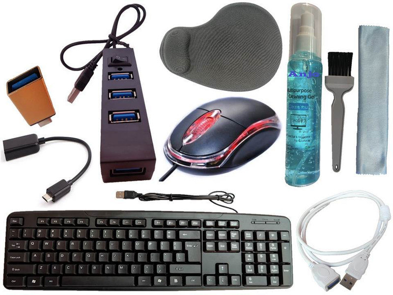 ANJO Wired Keyboard & LED Mouse-Pad-Hub 2.0-GelCleaner 3in1-LED-Ext. 1.5m M2F-OTG C&M Combo Set(Black)