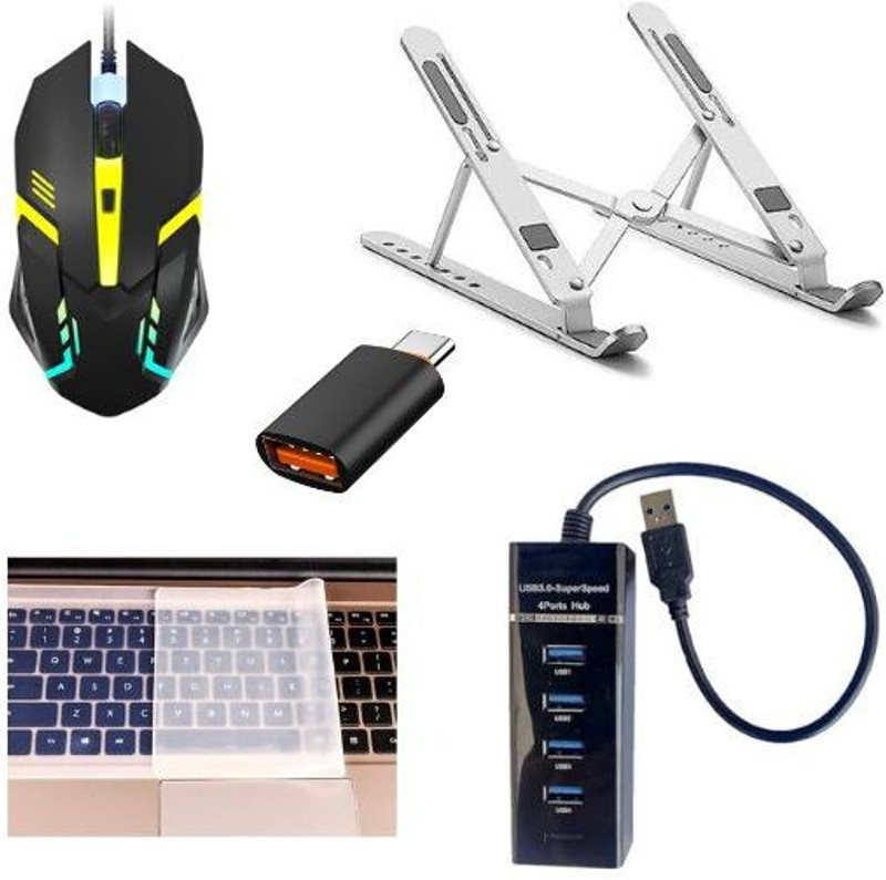 Adefex Metal Laptop Stand, Gaming Mouse with 14" Keyguard + 4 Port USB Hub & Type-C OTG Combo Set(Multicolor)