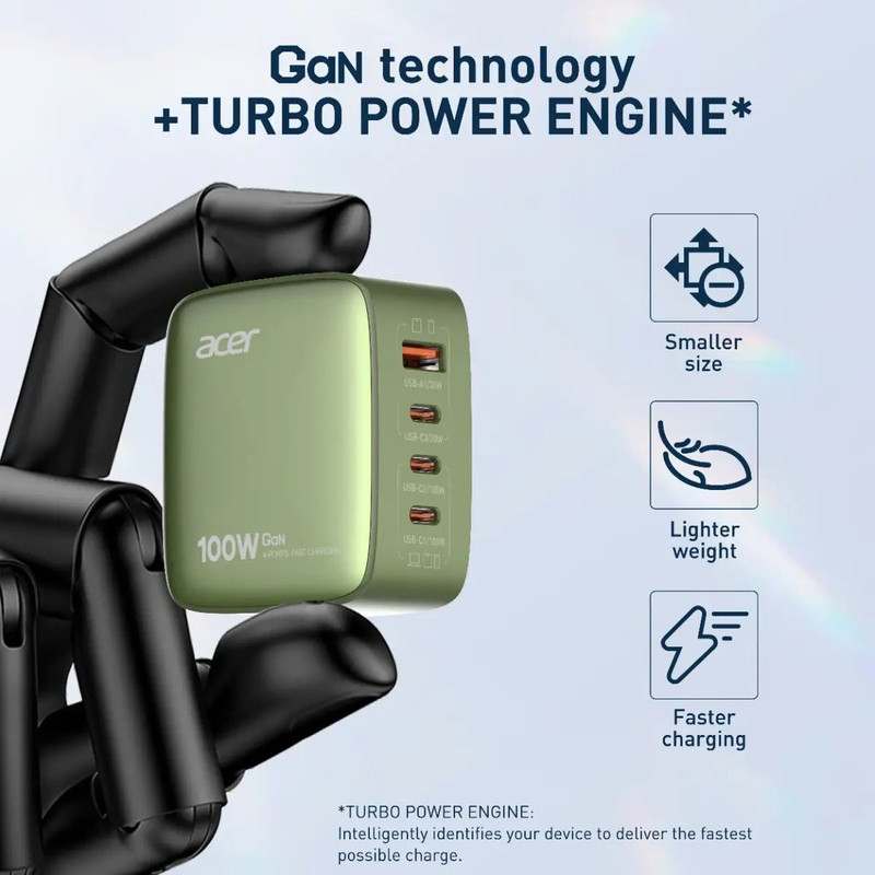 Acer PowerMax 100W GaN Super Fast Charger | 4-Port USB (1A3C) PD Charger 100 W Adapter