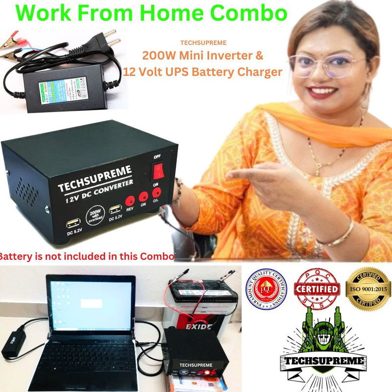 TechSupreme 200 Watt 12v dc to ac inverter & 12v 2 Amp Battery Charger 110 W Adapter(Power Cord Included)